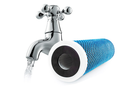 High-quality tap water flowing through a home water softener cartridge