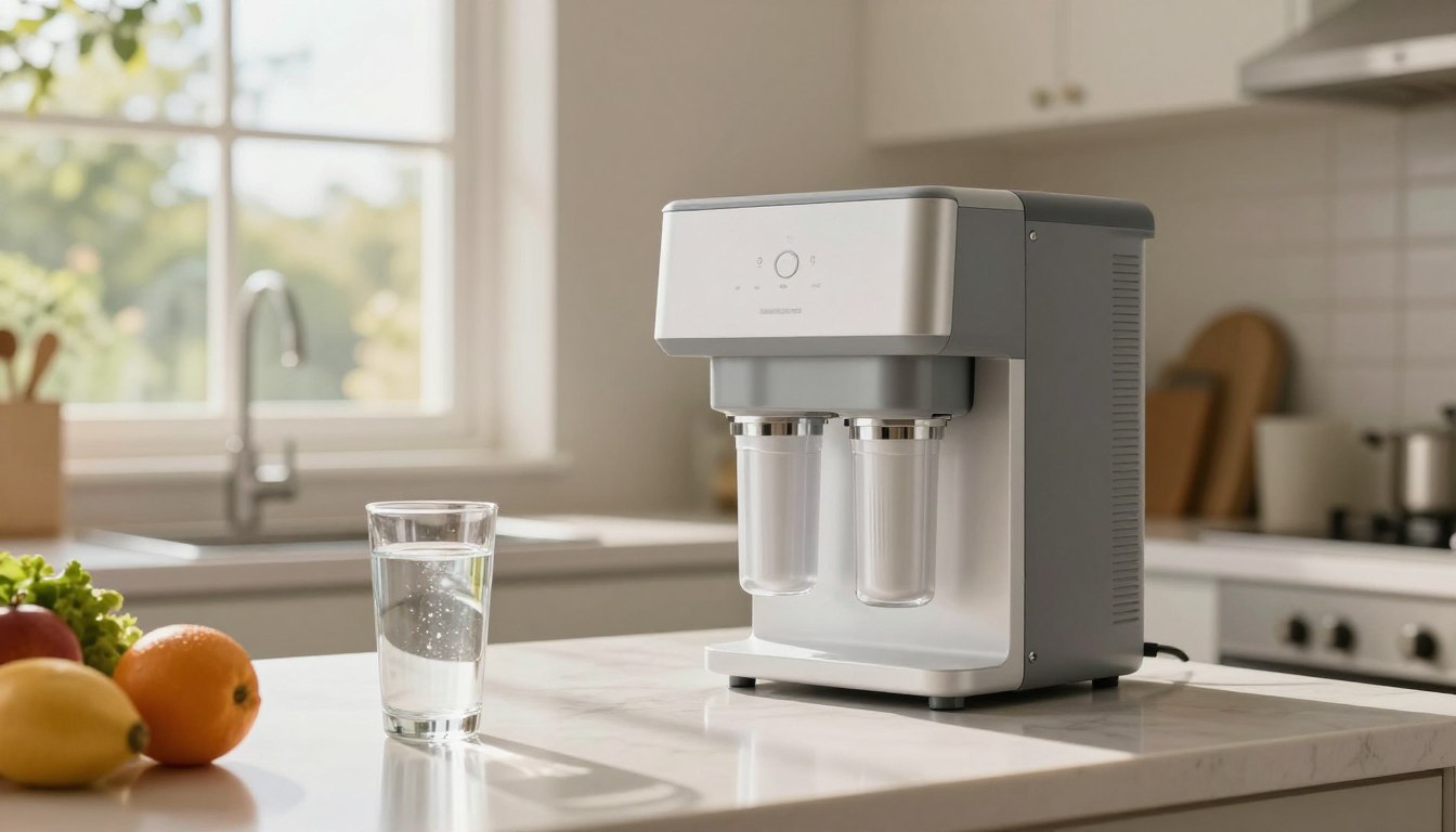 Clean glass of water beside a home water treatment system in a bright kitchen