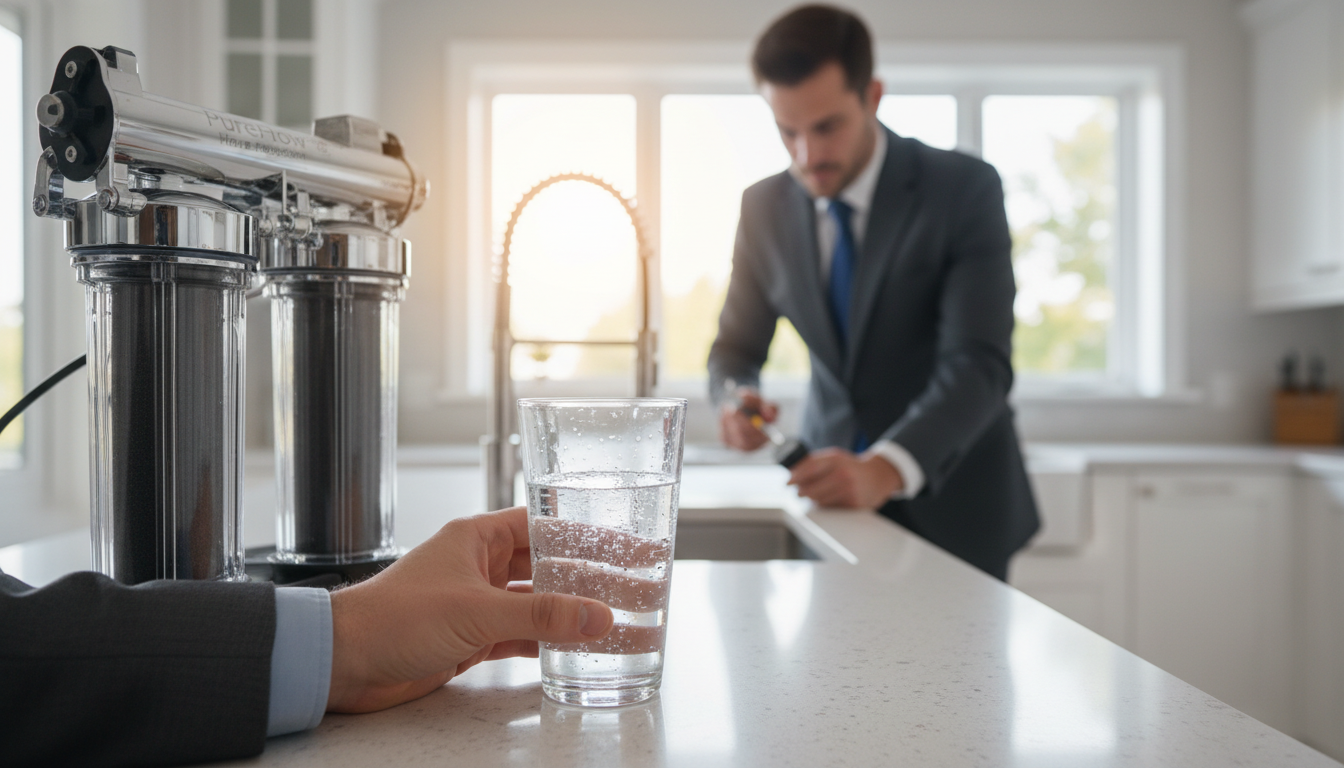 Technician inspecting a home water filtration system for repair service