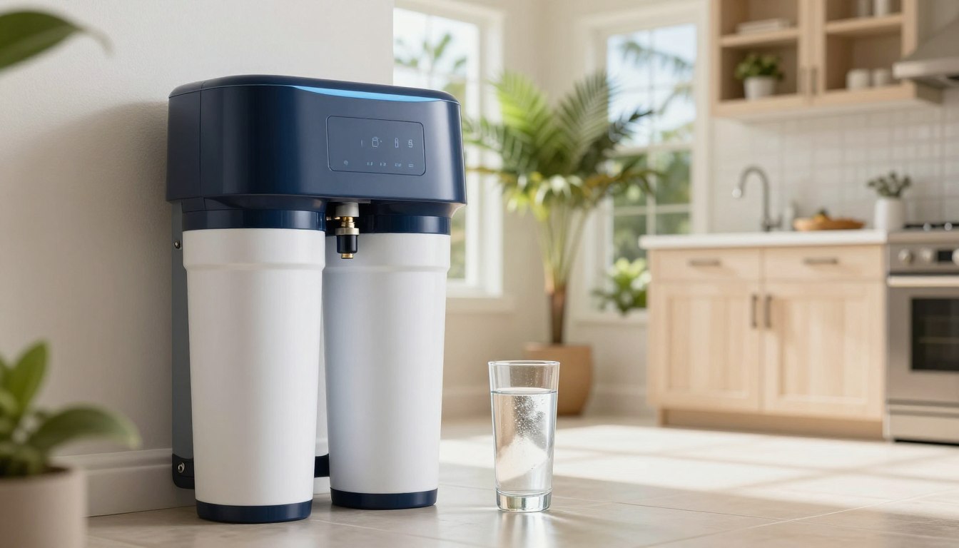 A well-equipped water softener system installed in a modern Florida home. In the foreground, the system features a sleek, compact design with a polished finish, showcasing its dual-tank setup. In the middle, emphasizing the softener, a clean glass of water sits invitingly, displaying crystal-clear purity. The background shows a bright, sunlit kitchen with light-toned cabinetry and tropical plants, capturing the essence of Florida living. Soft natural lighting from large windows enhances the atmosphere, making it inviting and fresh. The image should convey a sense of comfort and reliability, showcasing the importance of water softening in a family home without showing any people or text.
