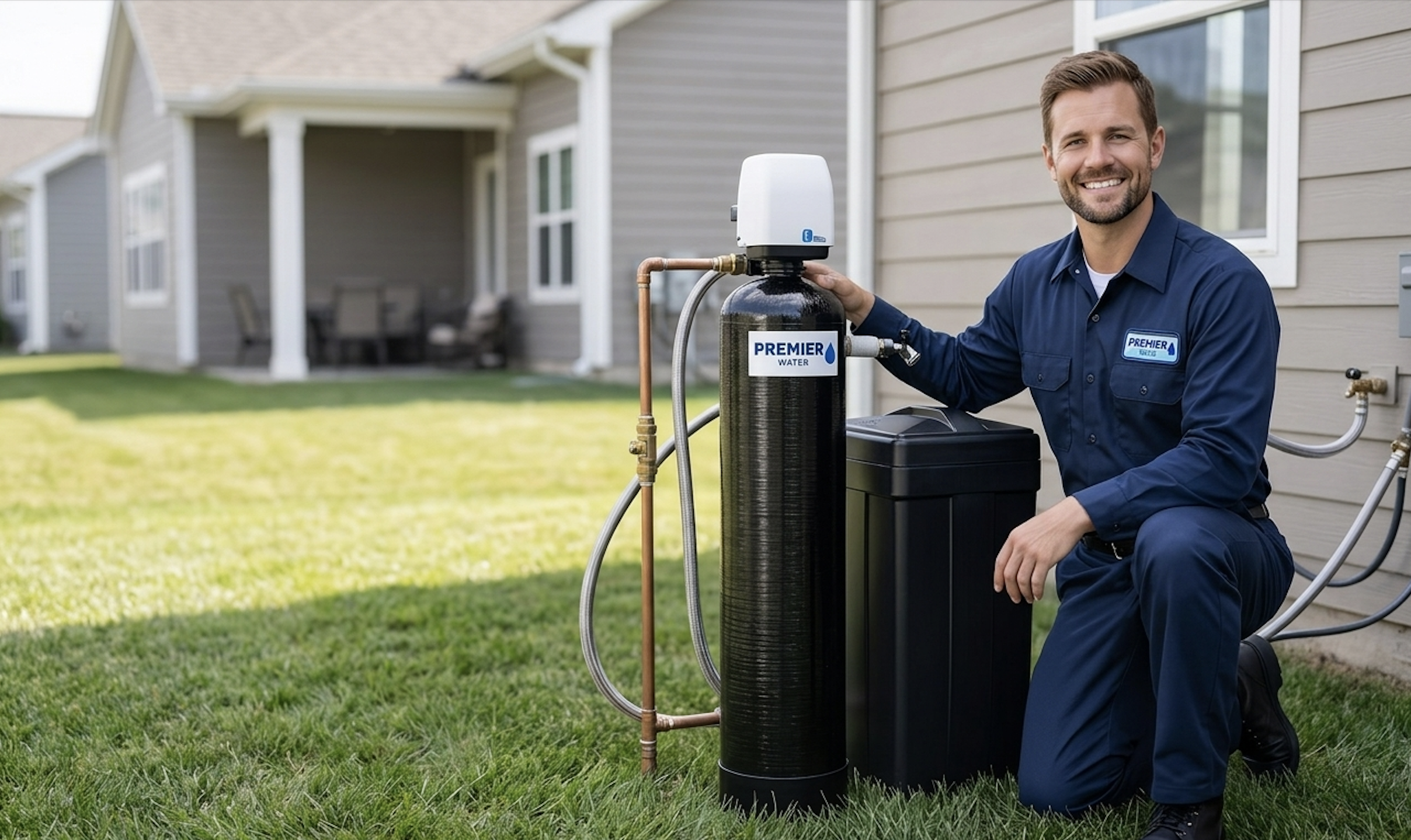 Premier Water technician kneeling beside a whole home water filtration and softener system during installation